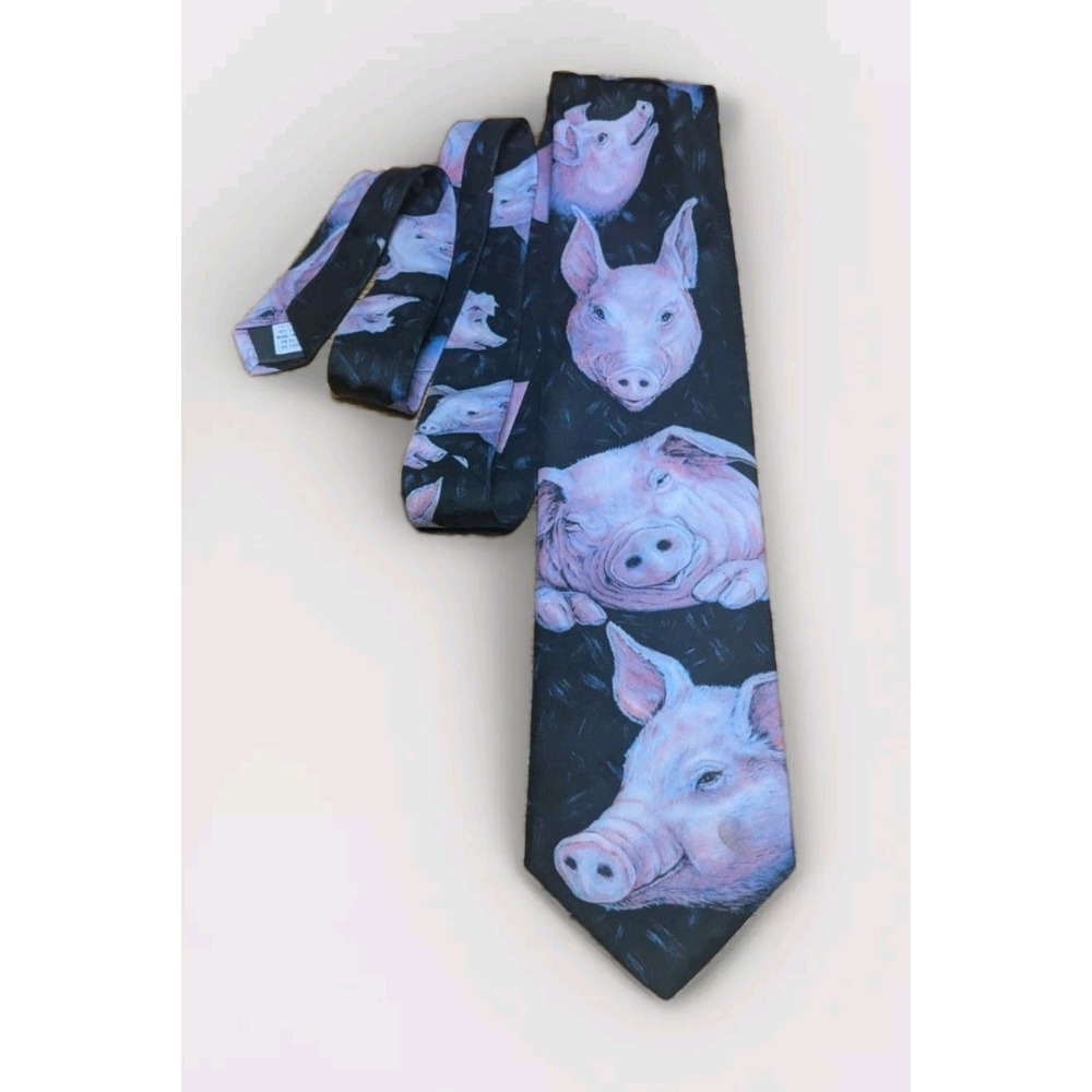 Ralph Marlin PIGS Black Polyester Tie Necktie USA Made 54" x 3.75" Vtg 1989 EUC